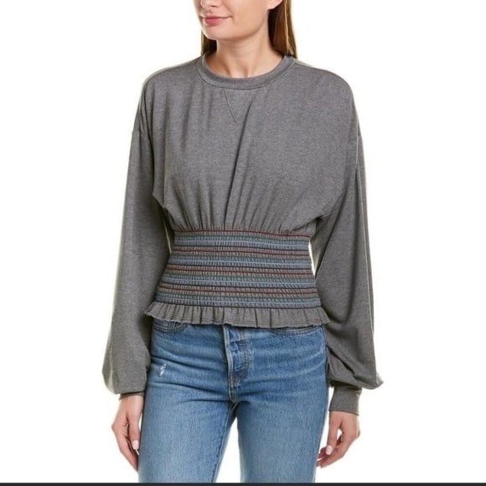 NWT Petersyn Cory Gray Smocked Long Balloon Sleeve Sweatshirt Top Crew Neck